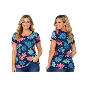LuLaRoe Classic Tee Navy Tropical Leaf Salmon Ribbed Neck M